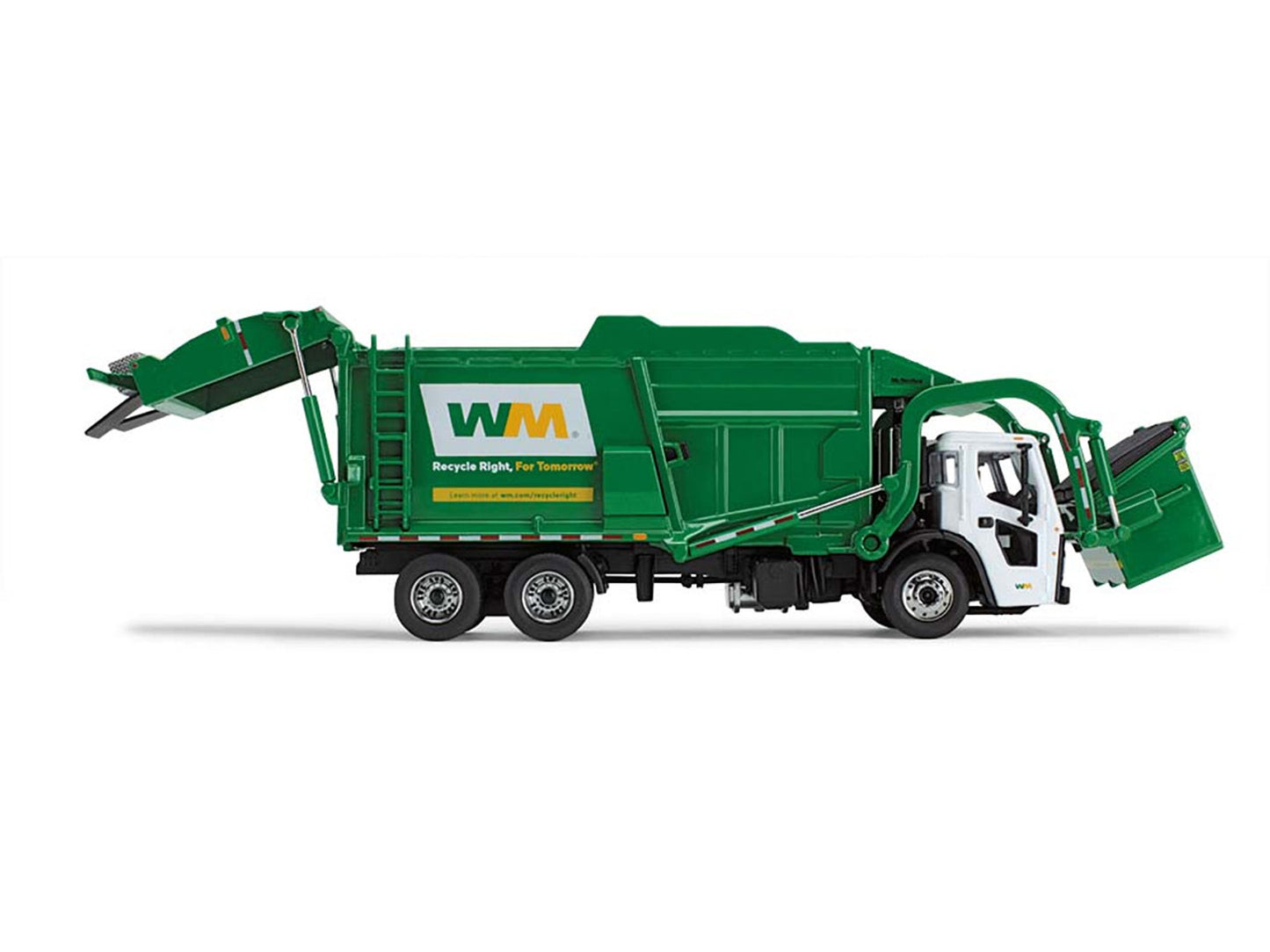 Mack LR Garbage Truck with McNeilus Meridian Front Load Refuse Body White and Green with Refuse Bin "Waste Management" 1/64 Diecast Model by First Gear-DiecastModeler.com