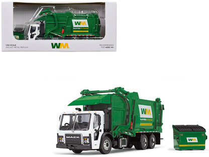 Mack LR Garbage Truck with McNeilus Meridian Front Load Refuse Body White and Green with Refuse Bin "Waste Management" 1/64 Diecast Model by First Gear-DiecastModeler.com