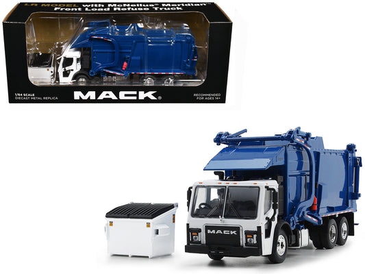 Mack LR Refuse Garbage Truck with McNeilus Meridian Front Loader White and Blue with Trash Bin 1/64 Diecast Model by DCP/First Gear-DiecastModeler.com