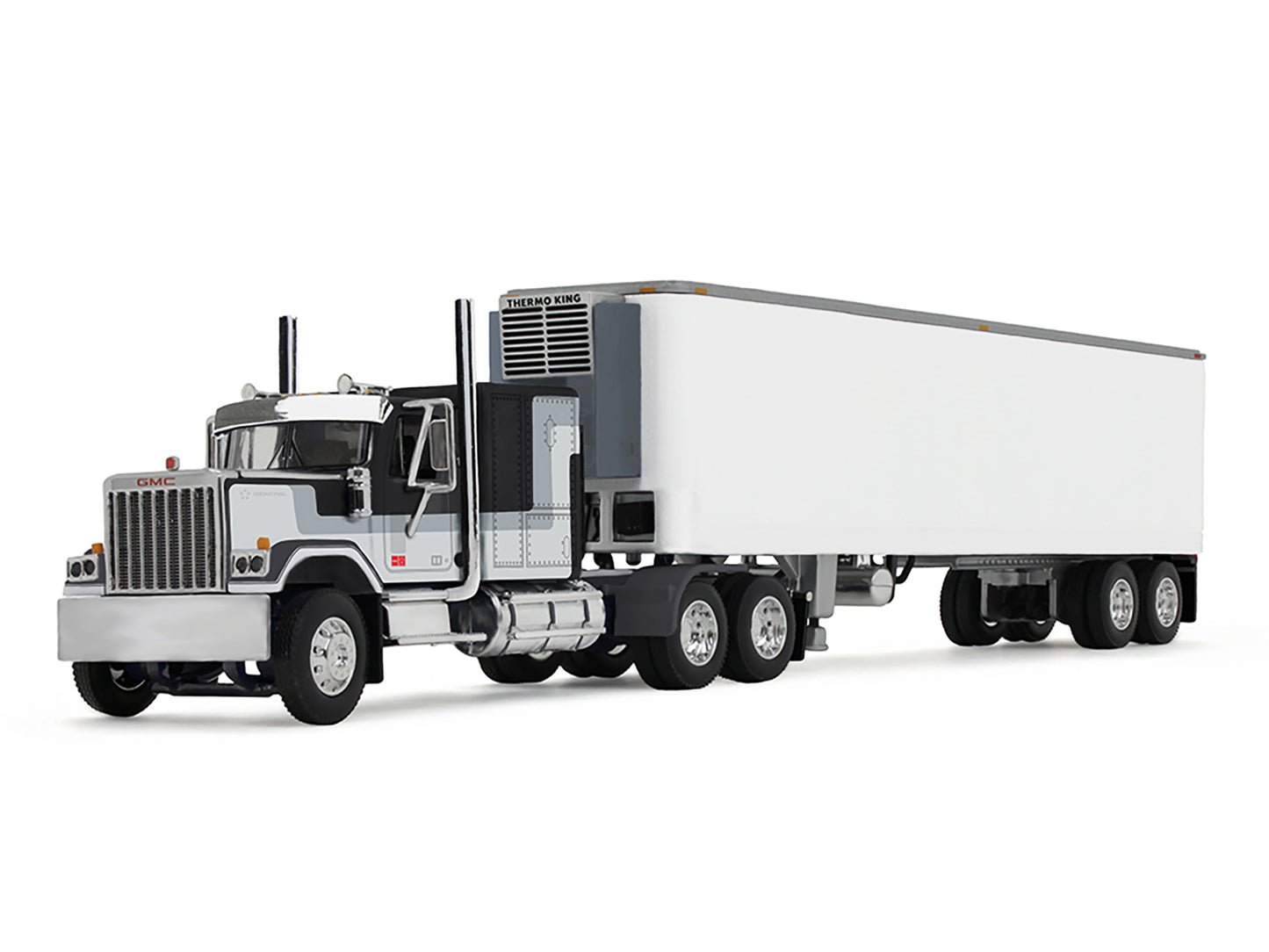 GMC General with 60" Flat Top Sleeper and 40' Vintage Refrigerated Trailer Black with Gray and White Stripes 1/64 Diecast Model by DCP/First Gear