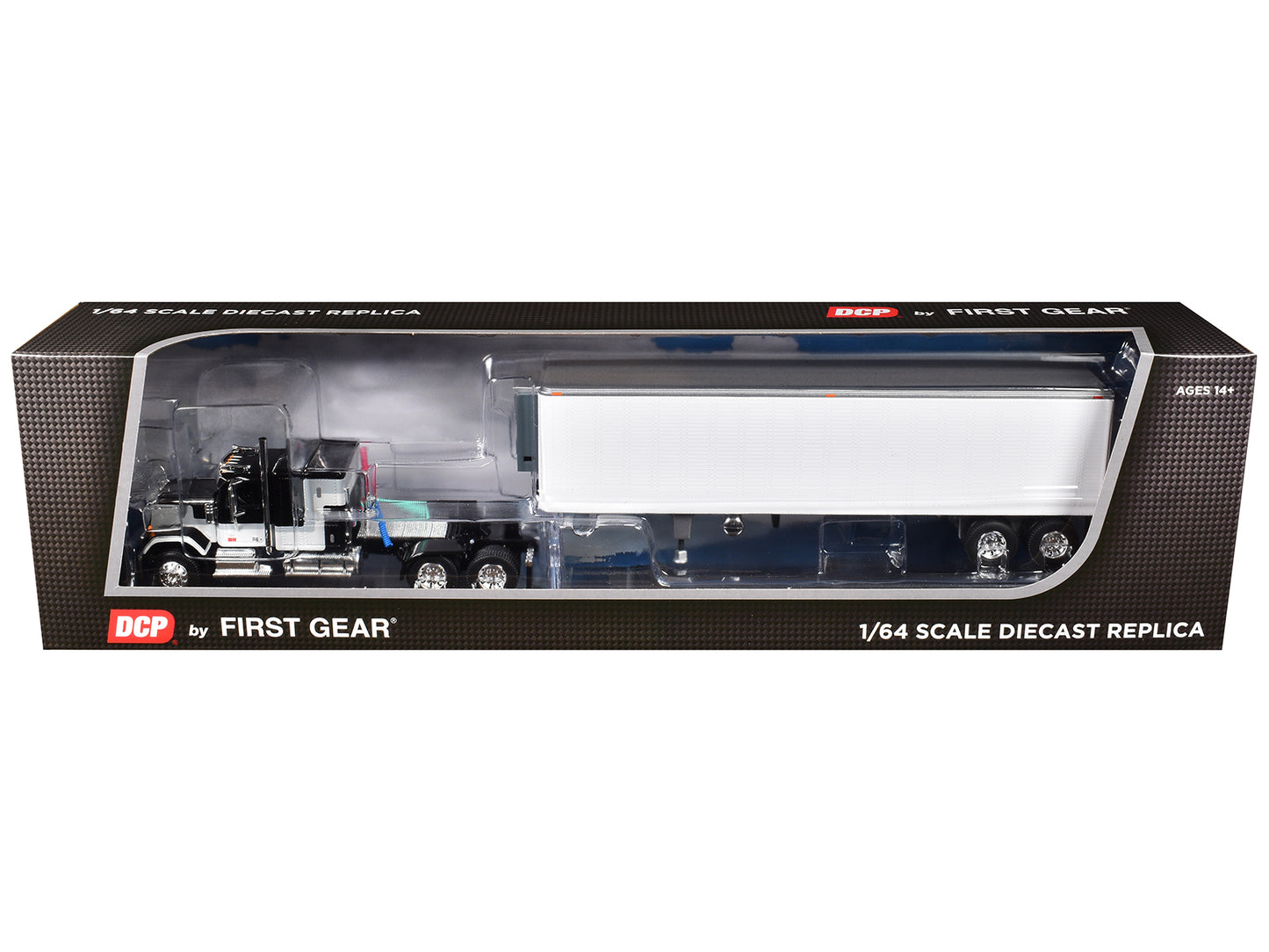GMC General with 60" Flat Top Sleeper and 40' Vintage Refrigerated Trailer Black with Gray and White Stripes 1/64 Diecast Model by DCP/First Gear