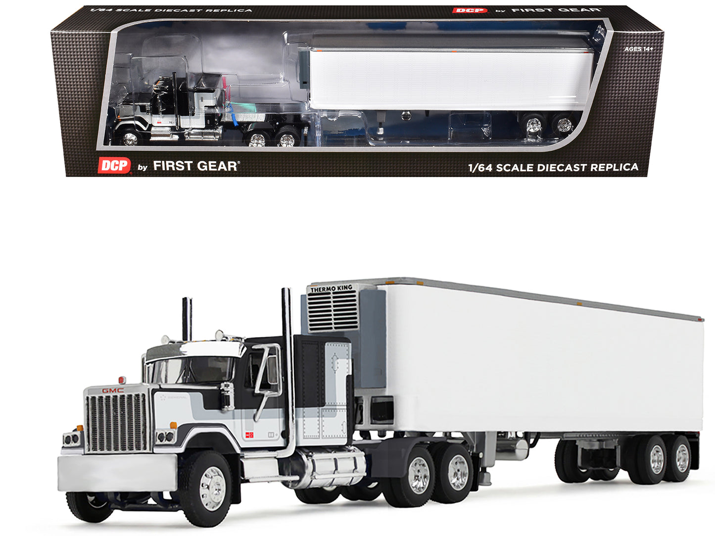 GMC General with 60" Flat Top Sleeper and 40' Vintage Refrigerated Trailer Black with Gray and White Stripes 1/64 Diecast Model by DCP/First Gear