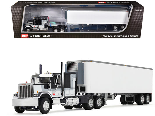 GMC General with 60" Flat Top Sleeper and 40' Vintage Refrigerated Trailer Black with Gray and White Stripes 1/64 Diecast Model by DCP/First Gear