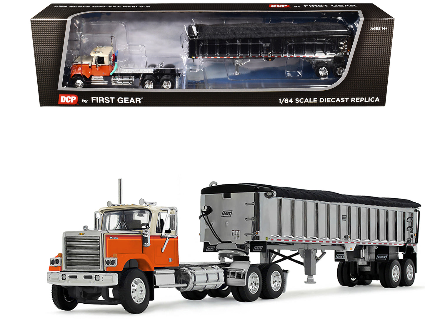 Chevrolet Bison Day Cab with East End Dump Trailer Orange and Beige 1/64 Diecast Model by DCP/First Gear