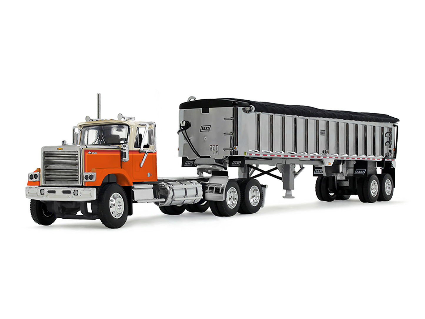 Chevrolet Bison Day Cab with East End Dump Trailer Orange and Beige 1/64 Diecast Model by DCP/First Gear