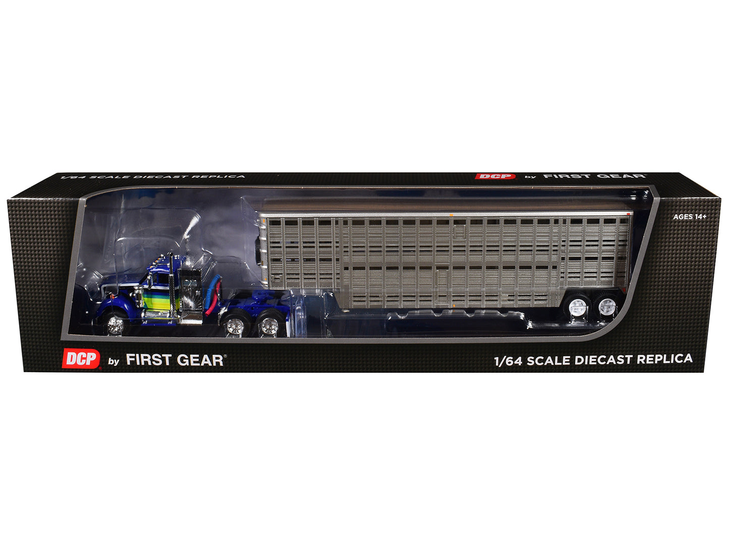 White Western Star 4900 with 36" Vintage Flat Top Sleeper and Wilson 45' Vintage Livestock Trailer Blue with Stripes 1/64 Diecast Model by DCP/First Gear