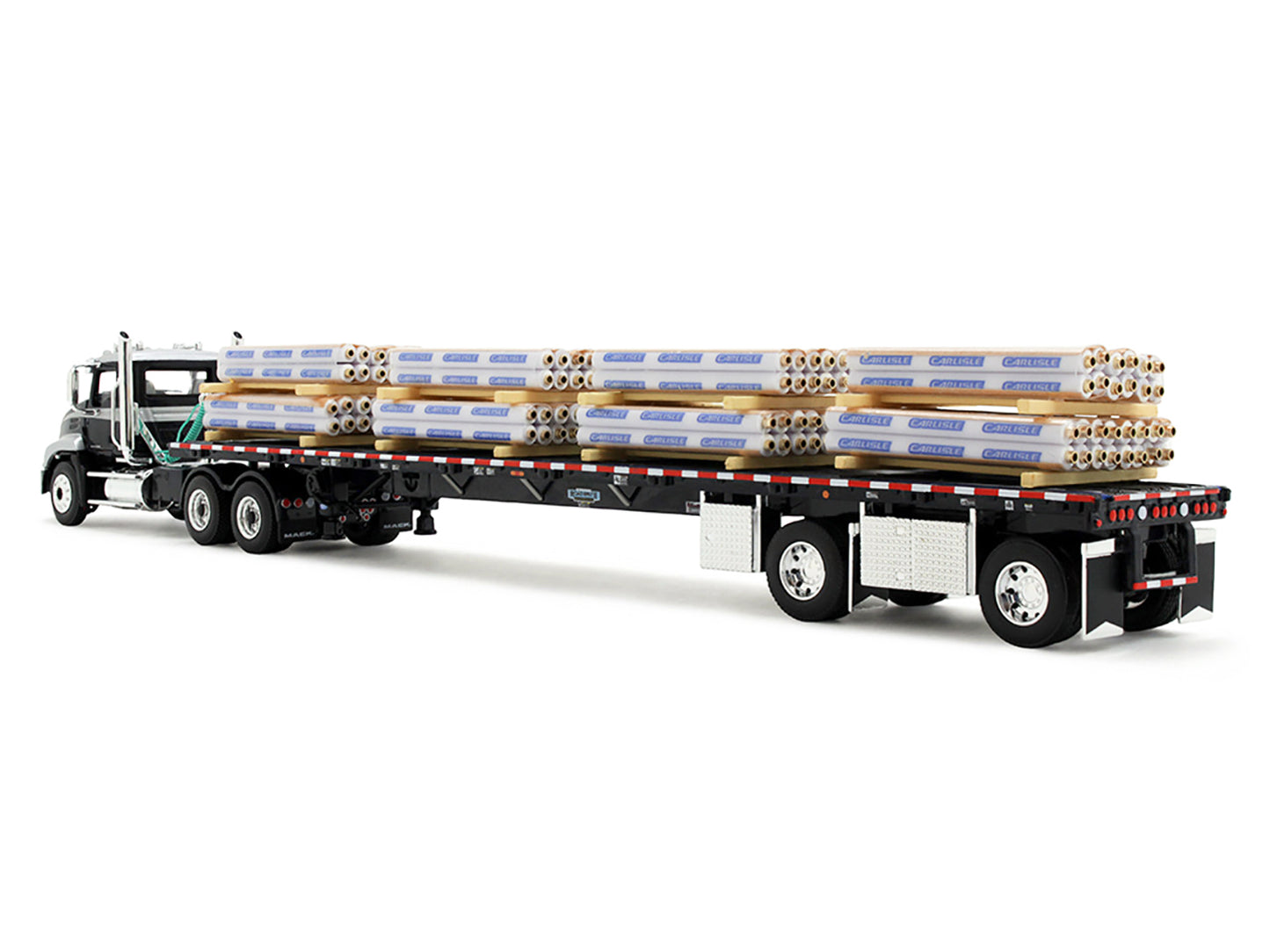 Mack Pinnacle Day Cab with Minimizer Parts & 53' Wilson Roadbrute Flatbed Trailer with "Carlisle Roofing" Loaded Pallets Black with Silver Top and Stripes 1/64 Diecast Model by DCP/First Gear