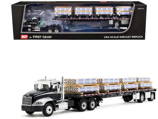 Mack Pinnacle Day Cab with Minimizer Parts & 53' Wilson Roadbrute Flatbed Trailer with "Carlisle Roofing" Loaded Pallets Black with Silver Top and Stripes 1/64 Diecast Model by DCP/First Gear