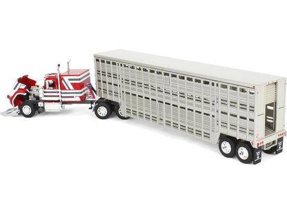 Mack Super-Liner with 60" Flat Top Sleeper and 45' Wilson Vintage Livestock Trailer Red with White and Gray Stripes 1/64 Diecast Model by DCP/First Gear
