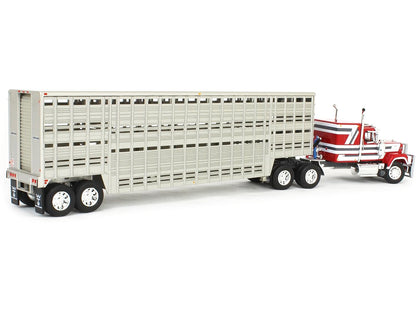 Mack Super-Liner with 60" Flat Top Sleeper and 45' Wilson Vintage Livestock Trailer Red with White and Gray Stripes 1/64 Diecast Model by DCP/First Gear