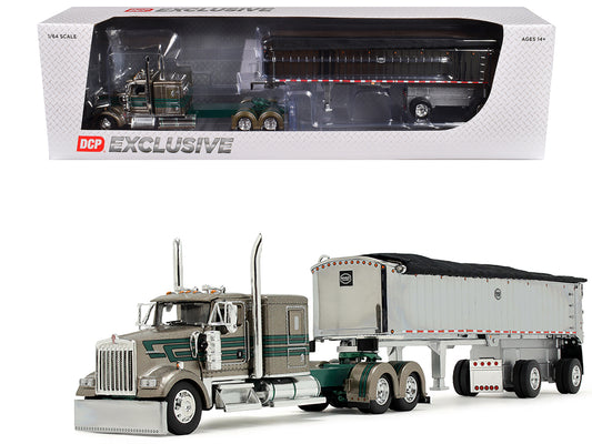 Kenworth W900L with 60" Flat Top Sleeper and MAC Coal End Dump Trailer "D&D Hauling & Excavating" Tan Metallic with Green Stripes 1/64 Diecast Model by DCP/First Gear-DiecastModeler.com