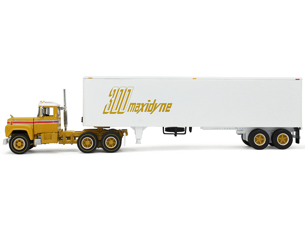 Mack R-Model Day Cab and 40' Vintage Trailer Yellow with Red Stripes and White Top "Mack Anniversary" 1/64 Diecast Model by DCP/First Gear-DiecastModeler.com