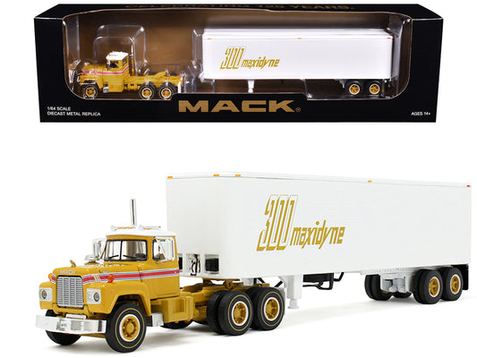 Mack R-Model Day Cab and 40' Vintage Trailer Yellow with Red Stripes and White Top "Mack Anniversary" 1/64 Diecast Model by DCP/First Gear-DiecastModeler.com