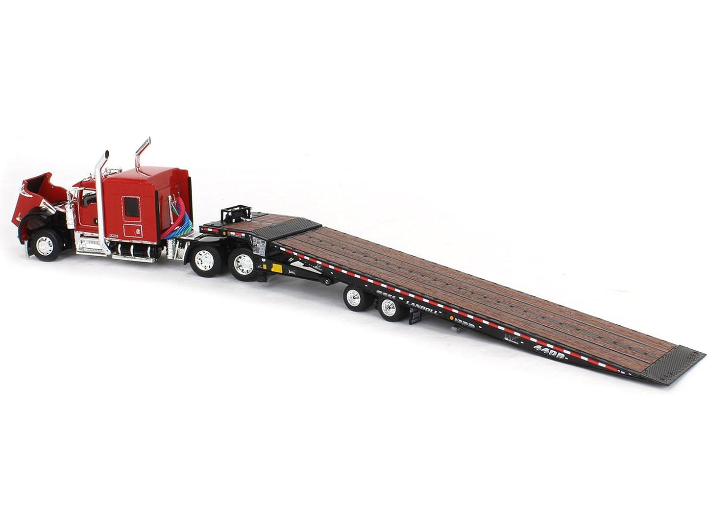Kenworth W900L with 72" AeroCab Sleeper and Landoll 440B50CA Traveling Axle Trailer Viper Red and Black 1/64 Diecast Model by DCP/First Gear