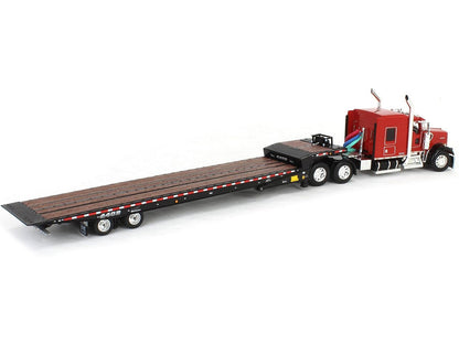 Kenworth W900L with 72" AeroCab Sleeper and Landoll 440B50CA Traveling Axle Trailer Viper Red and Black 1/64 Diecast Model by DCP/First Gear