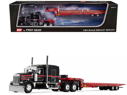 Kenworth W900L with 72" AeroCab Sleeper and Landoll 440B50CA Traveling Axle Trailer Black and Red 1/64 Diecast Model by DCP/First Gear-DiecastModeler.com