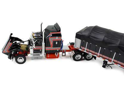 Kenworth W900A with 60" Aerodyne Sleeper and 53’ Wilson Roadbrute Flatbed Trailer with Covered Wagon Black with Red Stripes 1/64 Diecast Model by DCP/First Gear