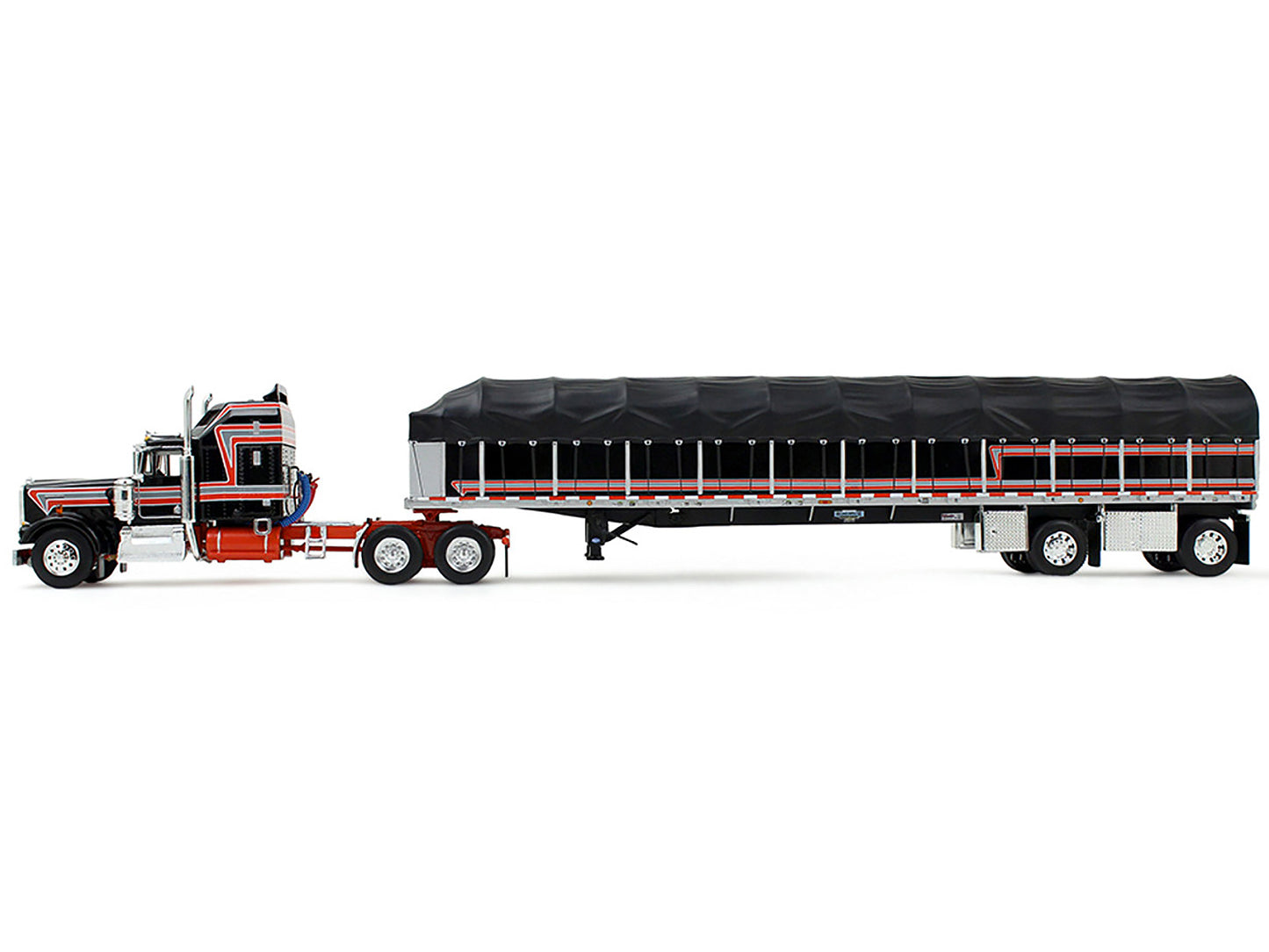 Kenworth W900A with 60" Aerodyne Sleeper and 53’ Wilson Roadbrute Flatbed Trailer with Covered Wagon Black with Red Stripes 1/64 Diecast Model by DCP/First Gear