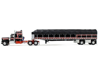 Kenworth W900A with 60" Aerodyne Sleeper and 53’ Wilson Roadbrute Flatbed Trailer with Covered Wagon Black with Red Stripes 1/64 Diecast Model by DCP/First Gear