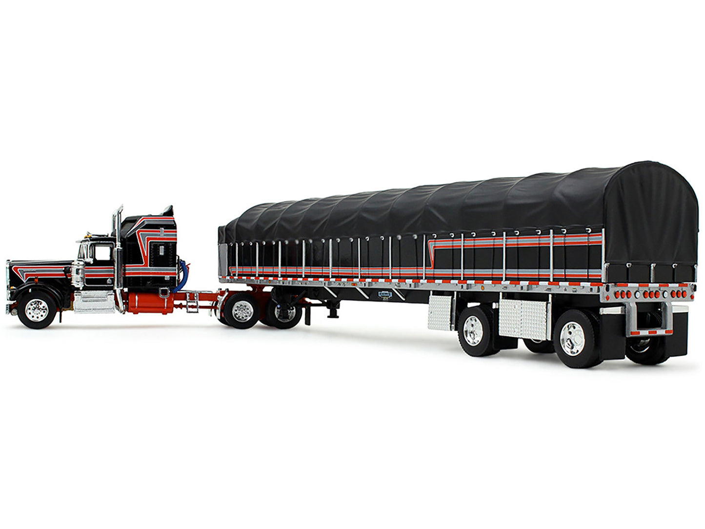 Kenworth W900A with 60" Aerodyne Sleeper and 53’ Wilson Roadbrute Flatbed Trailer with Covered Wagon Black with Red Stripes 1/64 Diecast Model by DCP/First Gear