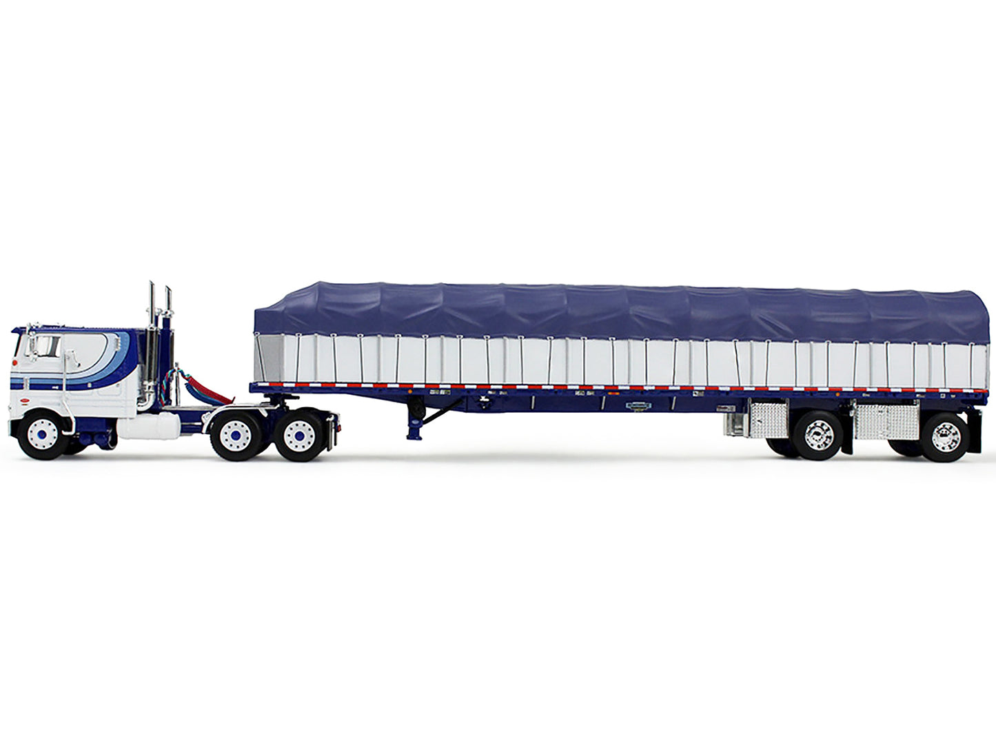 Peterbilt 352 COE 110" Sleeper and 53’ Wilson Roadbrute Flatbed Trailer with Covered Wagon White with Blue Stripes 1/64 Diecast Model by DCP/First Gear