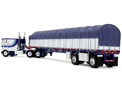 Peterbilt 352 COE 110" Sleeper and 53’ Wilson Roadbrute Flatbed Trailer with Covered Wagon White with Blue Stripes 1/64 Diecast Model by DCP/First Gear