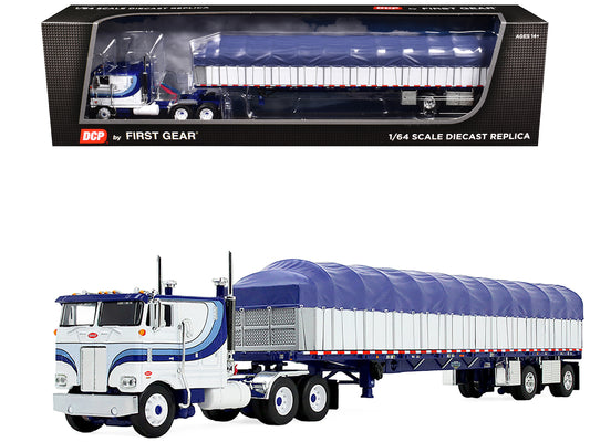 Peterbilt 352 COE 110" Sleeper and 53’ Wilson Roadbrute Flatbed Trailer with Covered Wagon White with Blue Stripes 1/64 Diecast Model by DCP/First Gear