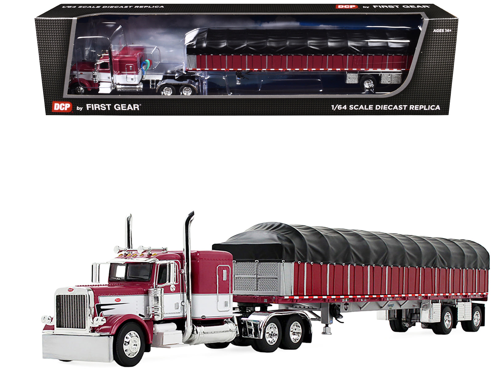 Peterbilt 389 with 63" Flat Top Sleeper and 53’ Wilson Roadbrute Flatbed Trailer with Covered Wagon Maroon with White Stripes 1/64 Diecast Model by DCP/First Gear-DiecastModeler.com