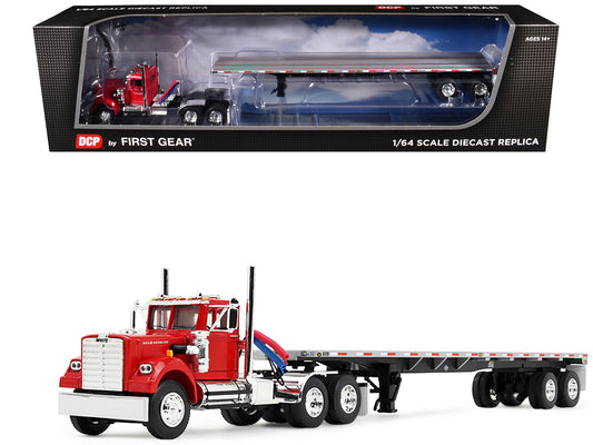White Western Star 4900 Day Cab with 48’ Utility Flatbed Trailer Viper Red 1/64 Diecast Model by DCP/First Gear