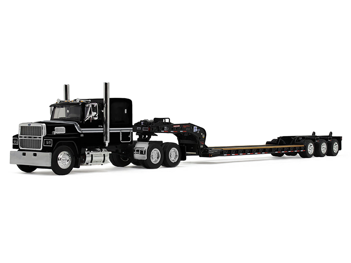 Ford LTL 9000 with 60" Flat Top Sleeper and Fontaine Magnitude Tri-Axle Lowboy Trailer Black 1/64 Diecast Model by DCP/First Gear