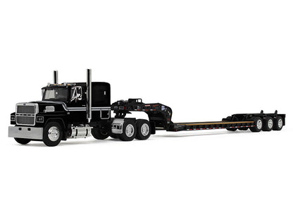 Ford LTL 9000 with 60" Flat Top Sleeper and Fontaine Magnitude Tri-Axle Lowboy Trailer Black 1/64 Diecast Model by DCP/First Gear