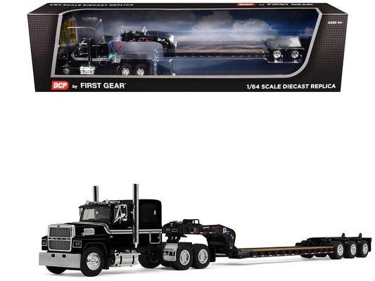 Ford LTL 9000 with 60" Flat Top Sleeper and Fontaine Magnitude Tri-Axle Lowboy Trailer Black 1/64 Diecast Model by DCP/First Gear