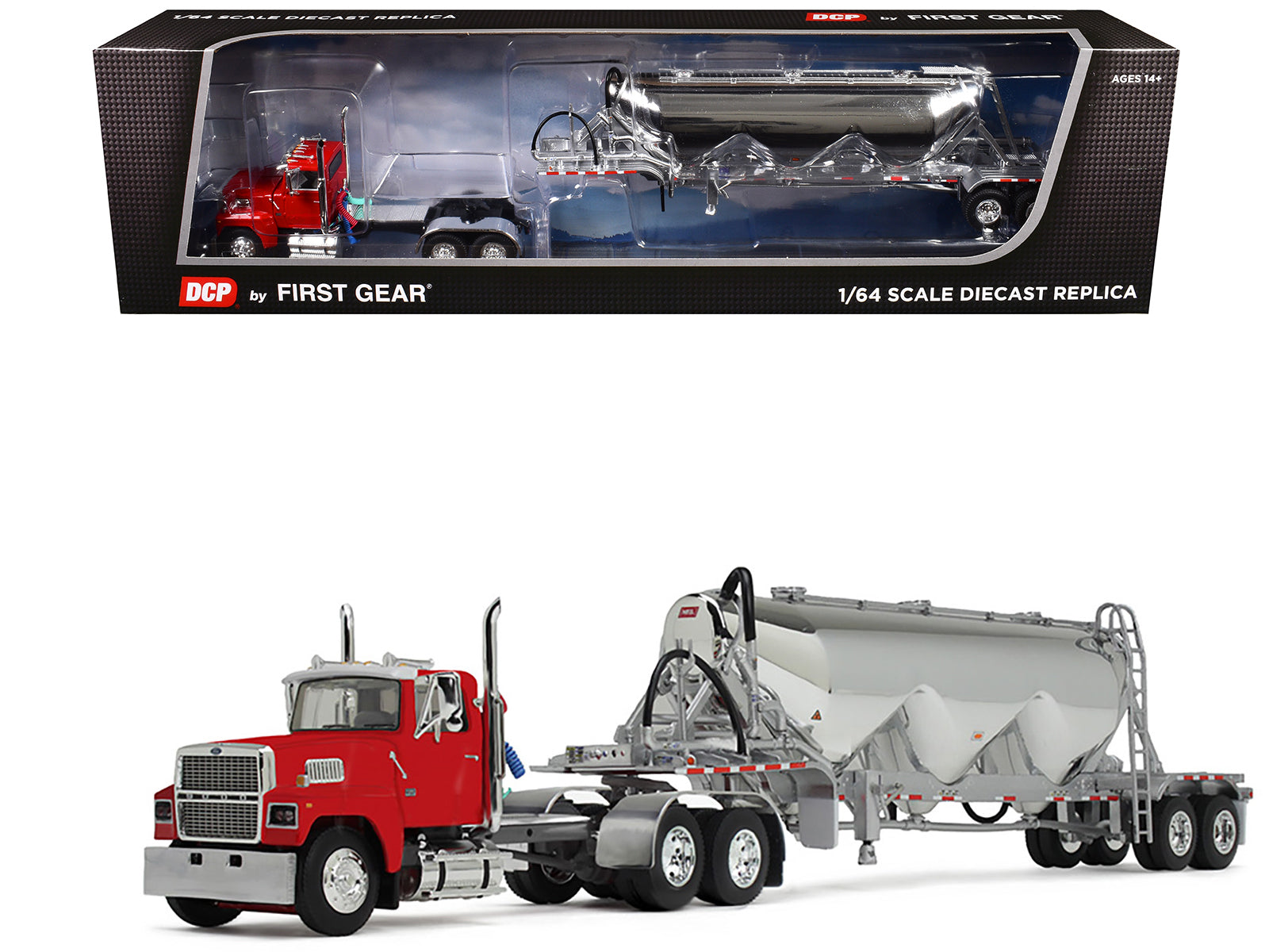 Ford LTL 9000 Day Cab with Heil Pneumatic Tank Trailer Heil Red 1/64 Diecast Model by DCP/First Gear-DiecastModeler.com