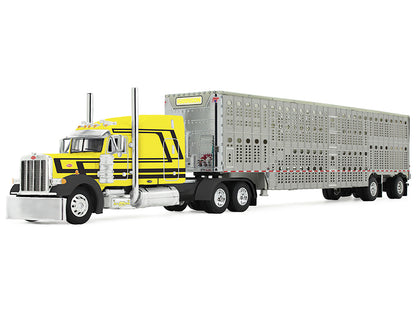 Peterbilt 379 with 63" Mid-Roof Sleeper and Wilson Silverstar Livestock Trailer "Harrison Trucking" Yellow with Black Stripes 1/64 Diecast Model by DCP/First Gear