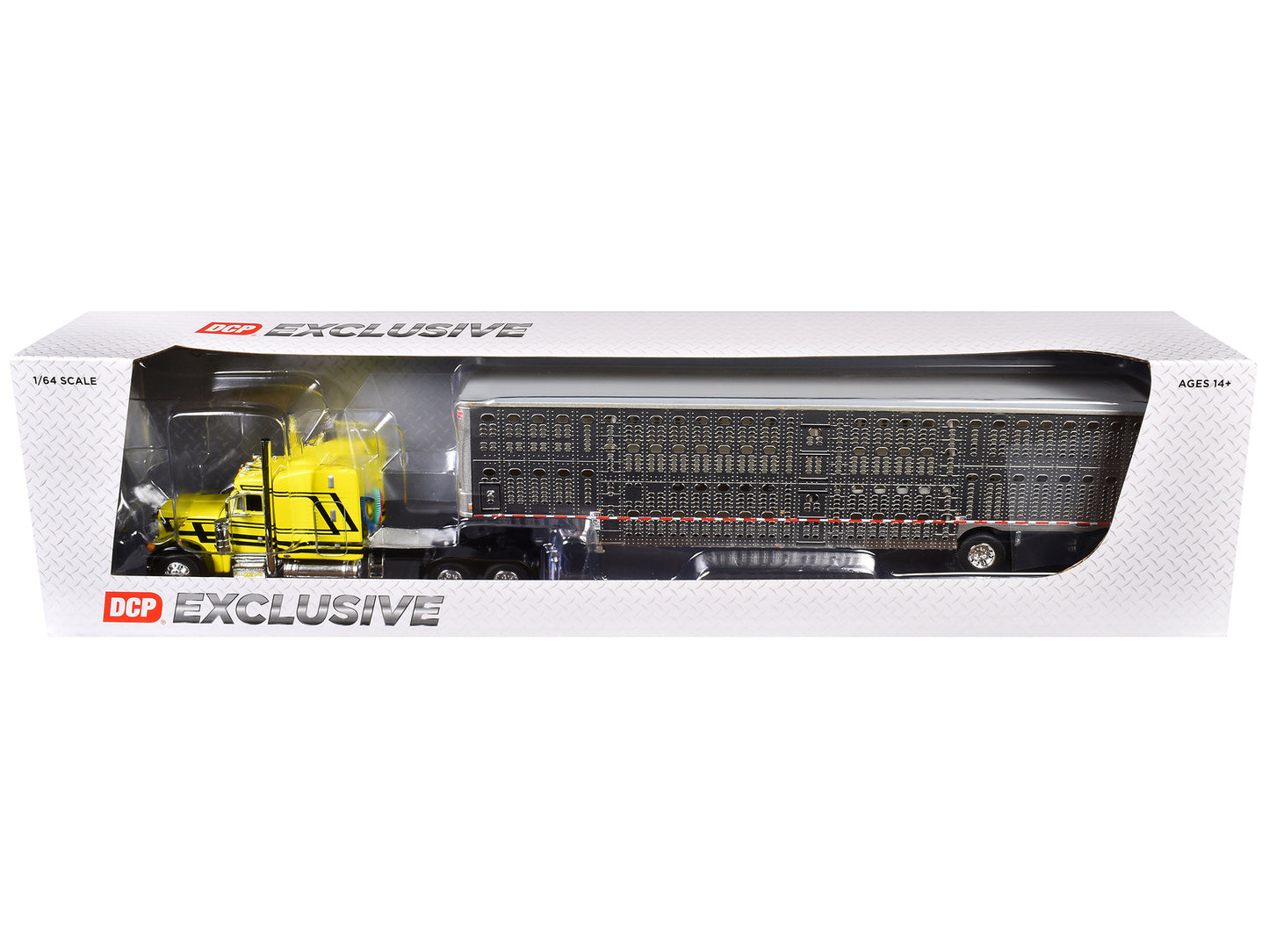 Peterbilt 379 with 63" Mid-Roof Sleeper and Wilson Silverstar Livestock Trailer "Harrison Trucking" Yellow with Black Stripes 1/64 Diecast Model by DCP/First Gear