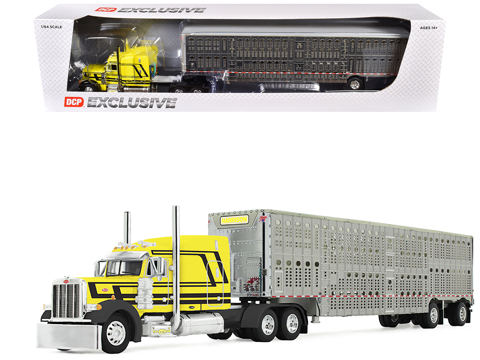 Peterbilt 379 with 63" Mid-Roof Sleeper and Wilson Silverstar Livestock Trailer "Harrison Trucking" Yellow with Black Stripes 1/64 Diecast Model by DCP/First Gear-DiecastModeler.com