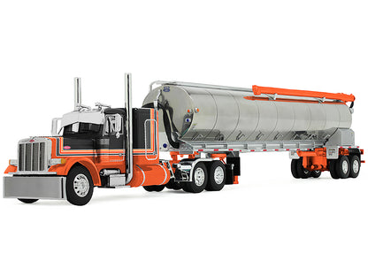 Peterbilt 379 with 48" Flat Top Sleeper and Walinga Bulk Feed Trailer Orange and Black with Stripes 1/64 Diecast Model by DCP/First Gear