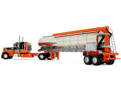 Peterbilt 379 with 48" Flat Top Sleeper and Walinga Bulk Feed Trailer Orange and Black with Stripes 1/64 Diecast Model by DCP/First Gear