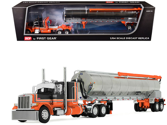Peterbilt 379 with 48" Flat Top Sleeper and Walinga Bulk Feed Trailer Orange and Black with Stripes 1/64 Diecast Model by DCP/First Gear