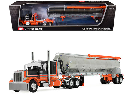 Peterbilt 379 with 48" Flat Top Sleeper and Walinga Bulk Feed Trailer Orange and Black with Stripes 1/64 Diecast Model by DCP/First Gear