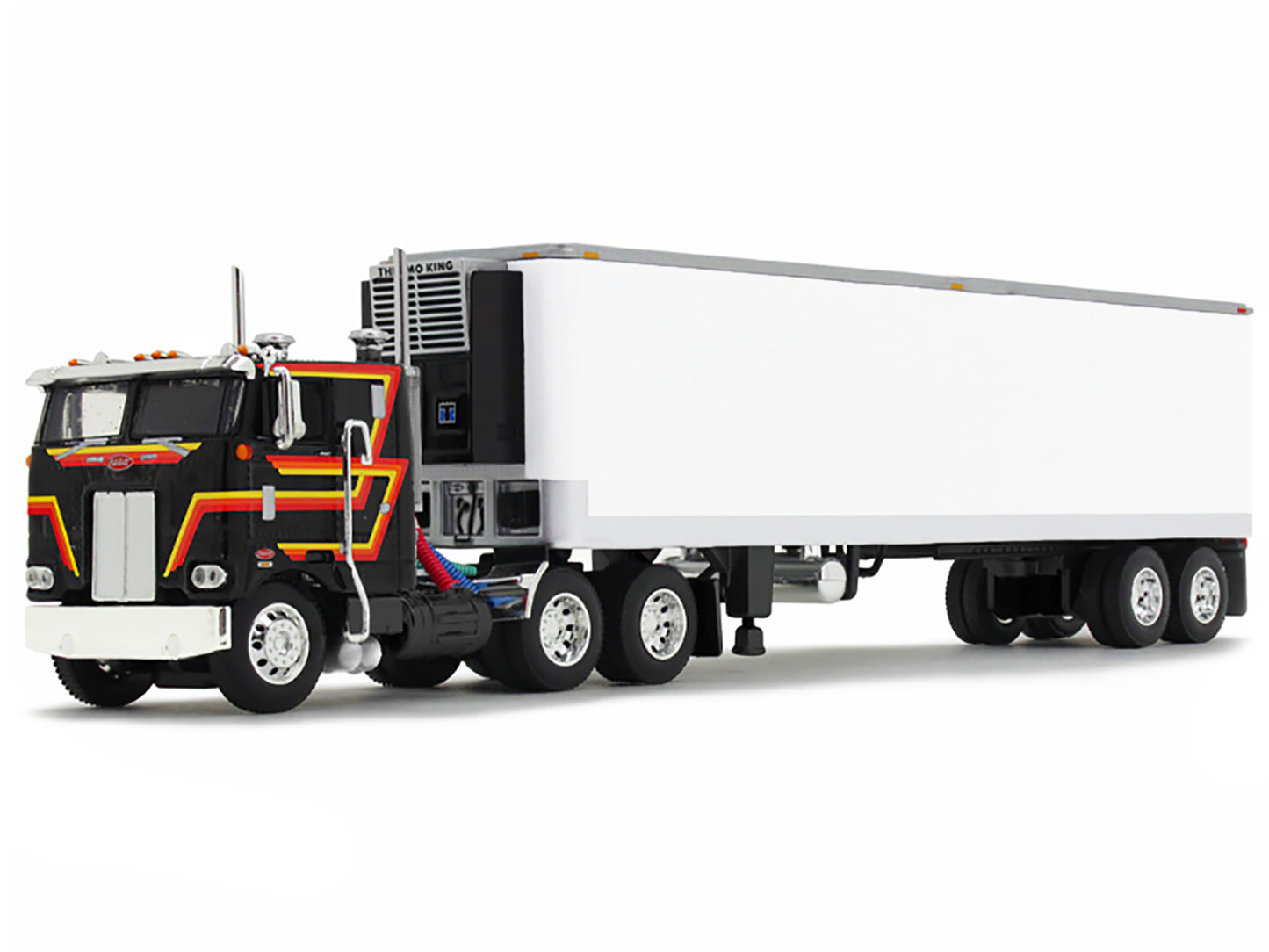 Peterbilt 352 COE 86" Sleeper and 40' Vintage Trailer with Reefer Black with Stripes 1/64 Diecast Model by DCP/First Gear