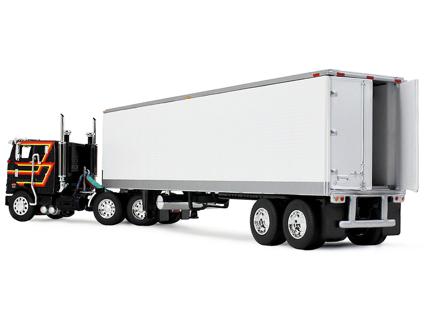 Peterbilt 352 COE 86" Sleeper and 40' Vintage Trailer with Reefer Black with Stripes 1/64 Diecast Model by DCP/First Gear