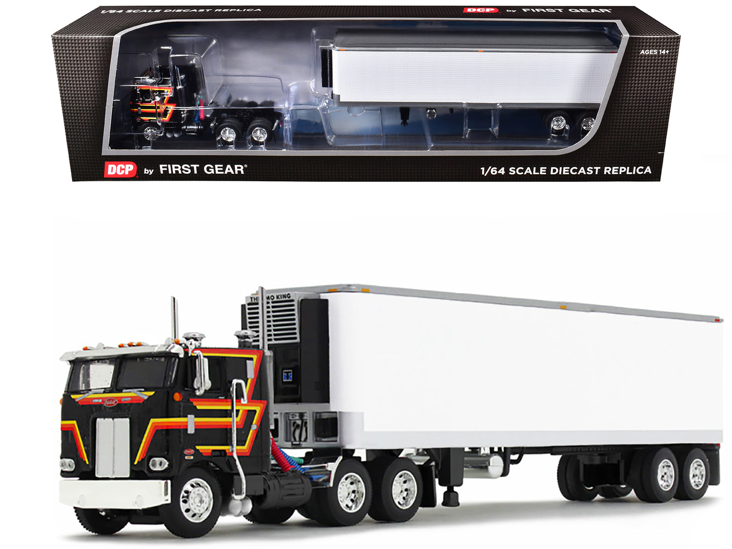Peterbilt 352 COE 86" Sleeper and 40' Vintage Trailer with Reefer Black with Stripes 1/64 Diecast Model by DCP/First Gear