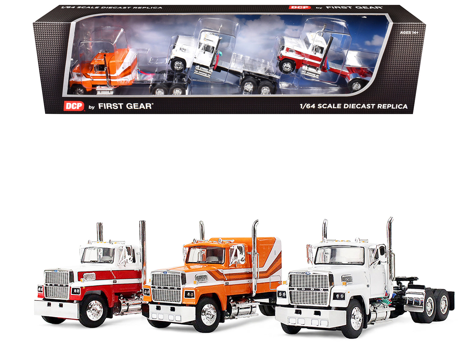 Ford LTL 9000 Trio Set (Two Day Cabs and One 60" Flat Top Sleeper) 1/64 Diecast Model by DCP/First Gear-DiecastModeler.com