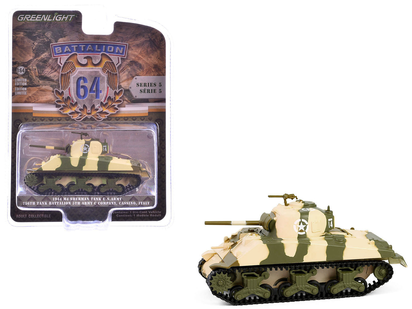 1944 M4 Sherman Tank "U.S. Army 756th Tank Battalion 5th Army C Company Cassino Italy" Camouflage "Battalion 64" Series 5 1/64 Diecast Model Car by Greenlight-DiecastModeler.com