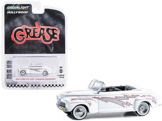 1948 Ford De Luxe Convertible "Greased Lightning" White with Graphics "Grease" (1978) Movie "Hollywood Series" Release 40 1/64 Diecast Model Car by Greenlight