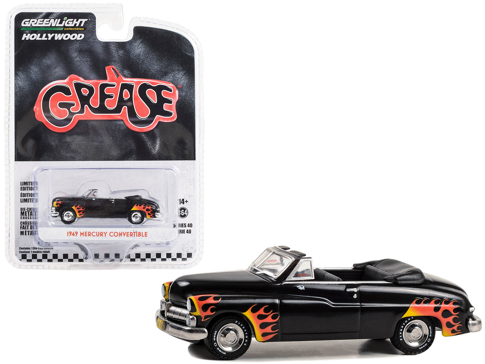 1949 Mercury Convertible Black with Flames "Grease" (1978) Movie "Hollywood Series" Release 40 1/64 Diecast Model Car by Greenlight-DiecastModeler.com