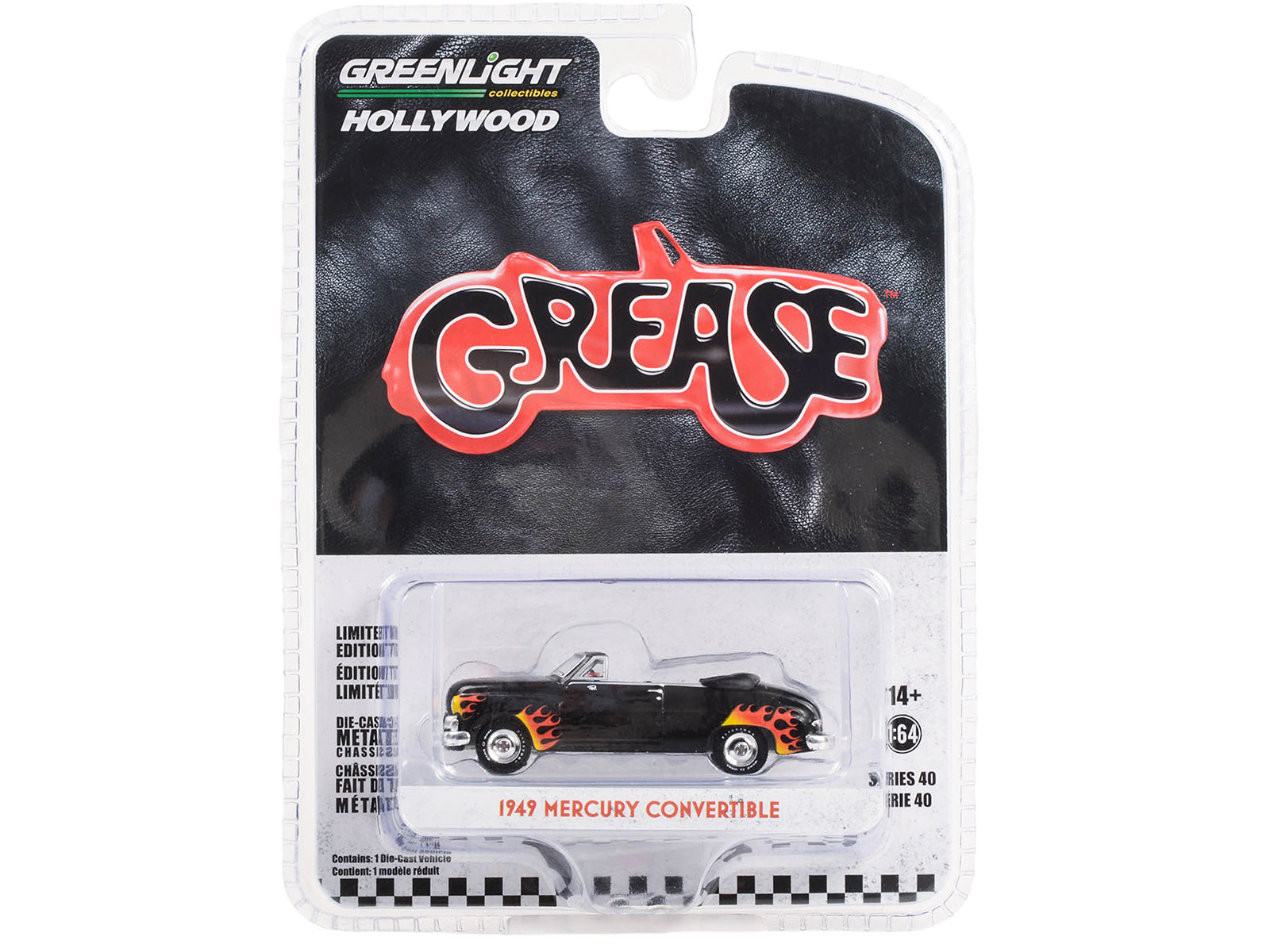1949 Mercury Convertible Black with Flames "Grease" (1978) Movie "Hollywood Series" Release 40 1/64 Diecast Model Car by Greenlight-DiecastModeler.com