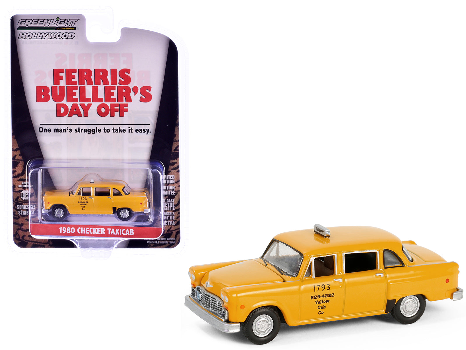 1980 Checker Taxicab "Yellow Cab Co. #1793" Yellow "Ferris Bueller's Day Off" (1986) Movie "Hollywood Series" Release 42 1/64 Diecast Model Car by Greenlight-DiecastModeler.com