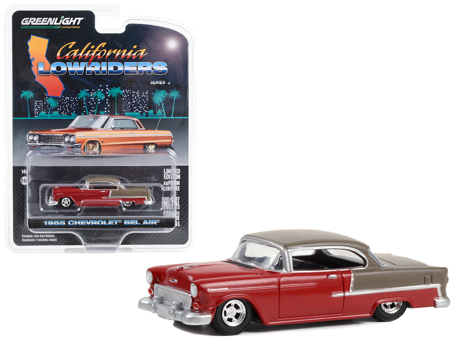 1955 Chevrolet Bel Air Lowrider Ruby Red and Matt Bronze "California Lowriders" Series 3 1/64 Diecast Model Car by Greenlight-DiecastModeler.com